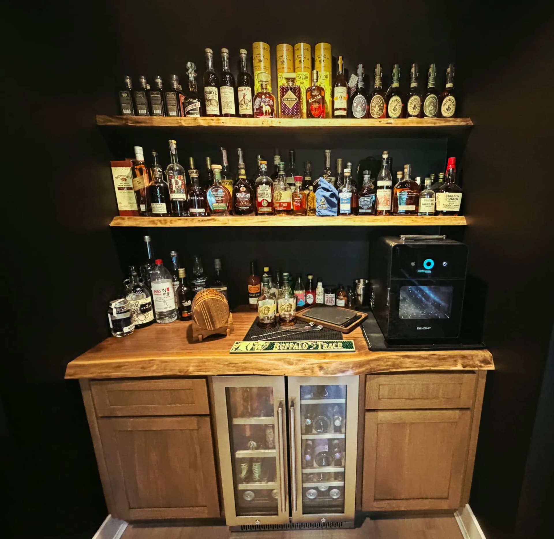 Custom Live-Edge Black Walnut Bar Built from an Empty Alcove image